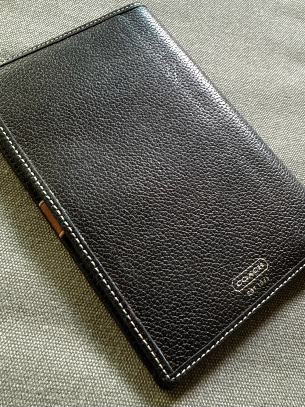 Coach Black Pebbled Leather Passport Holder with Contrast Stitching